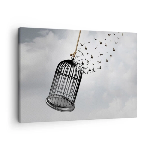 Bild auf Leinwand - Leinwandbild - Vögel fliegen aus einem Käfig gegen den Himmel - 70x50cm - Glaube ... Hoffnung ... Freiheit! - Moderne Wanddekoration für Wohnzimmer und Schlafzimmer ARTTOR