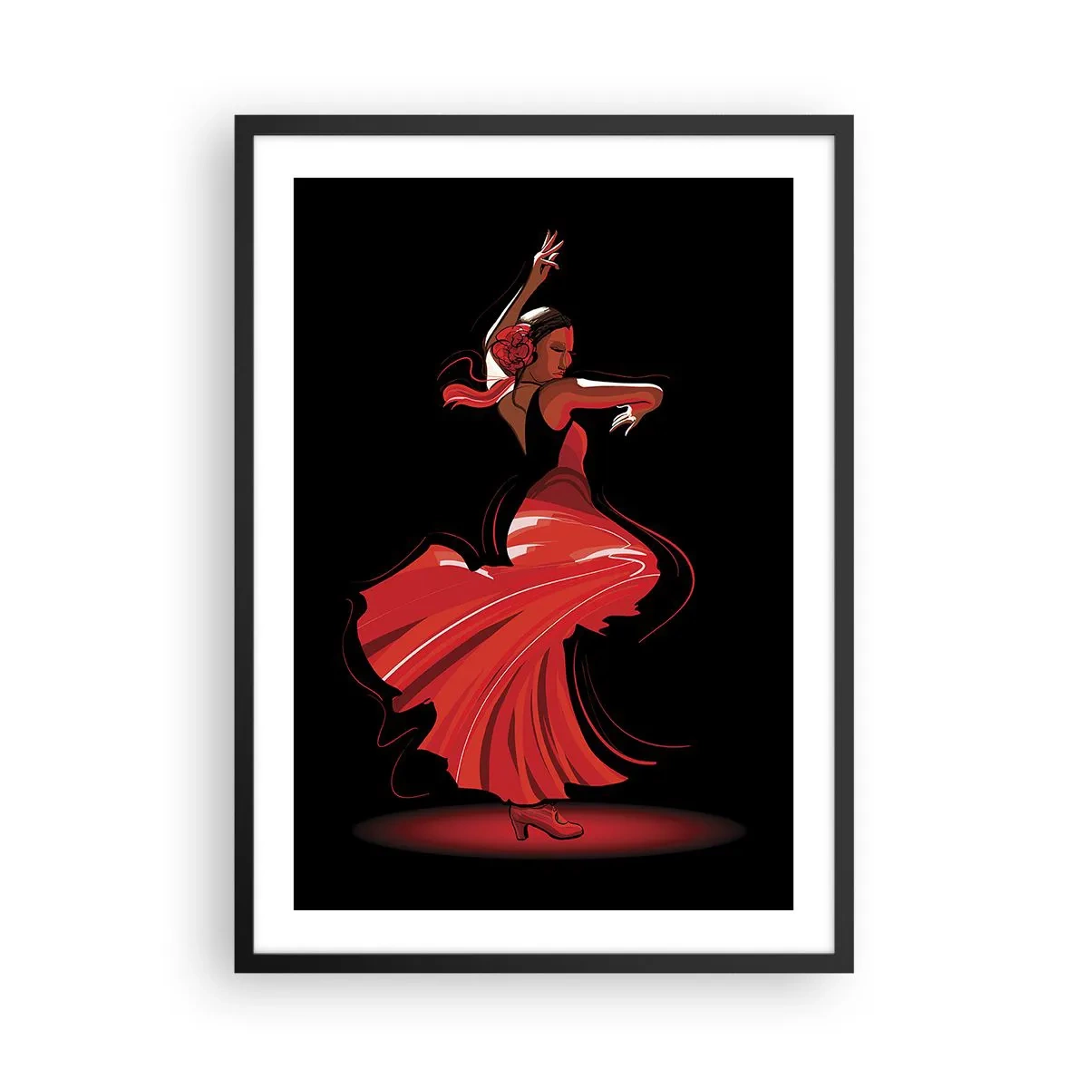 Poster in einem schwarzem Rahmen - Flamenco-Tänzerin in einem roten Kleid vor schwarzem Hintergrund - 50x70cm - Der feurige Geist des Flamenco - Moderne Wanddekoration für Wohnzimmer und Schlafzimmer ARTTOR