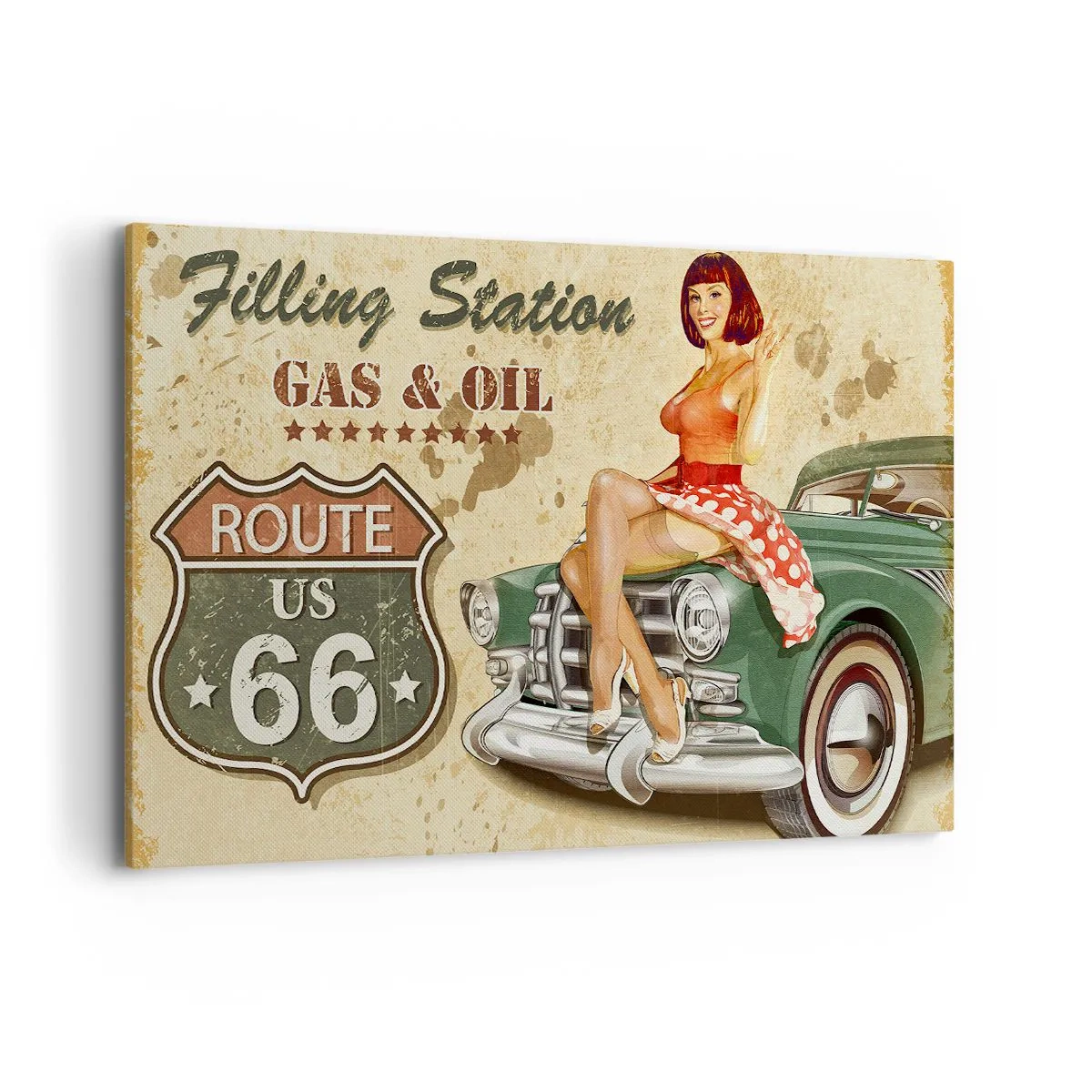 Bild auf Leinwand - Leinwandbild - Retro-Route 66-Poster mit Pin-up-Girl und Auto - 120x80cm - Die großen Jahre der 40er. - Moderne Wanddekoration für Wohnzimmer und Schlafzimmer ARTTOR