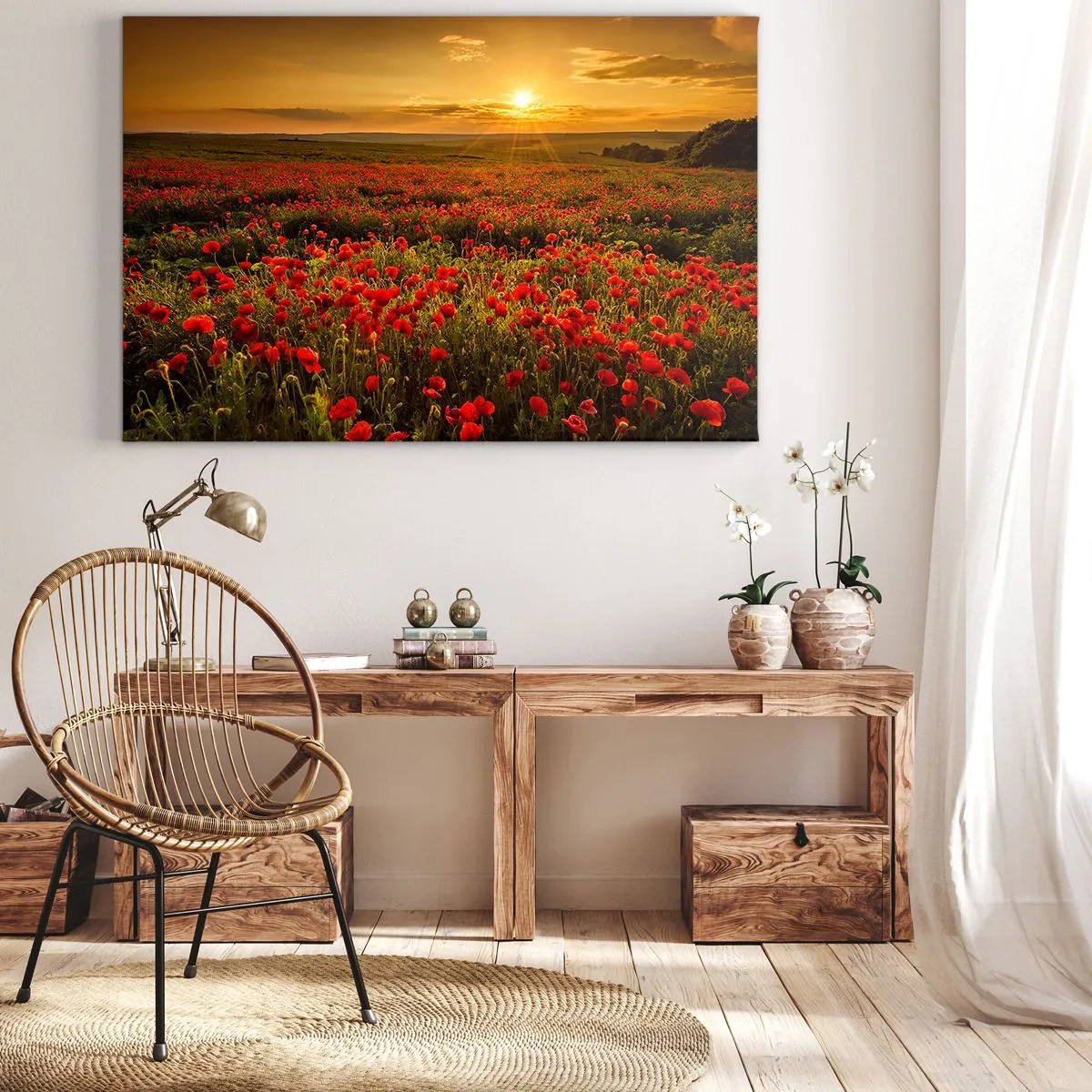Bild auf Leinwand - Leinwandbild - Ein Feld mit roten Mohnblumen im Schein der untergehenden Sonne - 100x70cm - Unter den Wellen raschelnder Wiesen, unter den Blumen der Flut - Moderne Wanddekoration für Wohnzimmer und Schlafzimmer ARTTOR