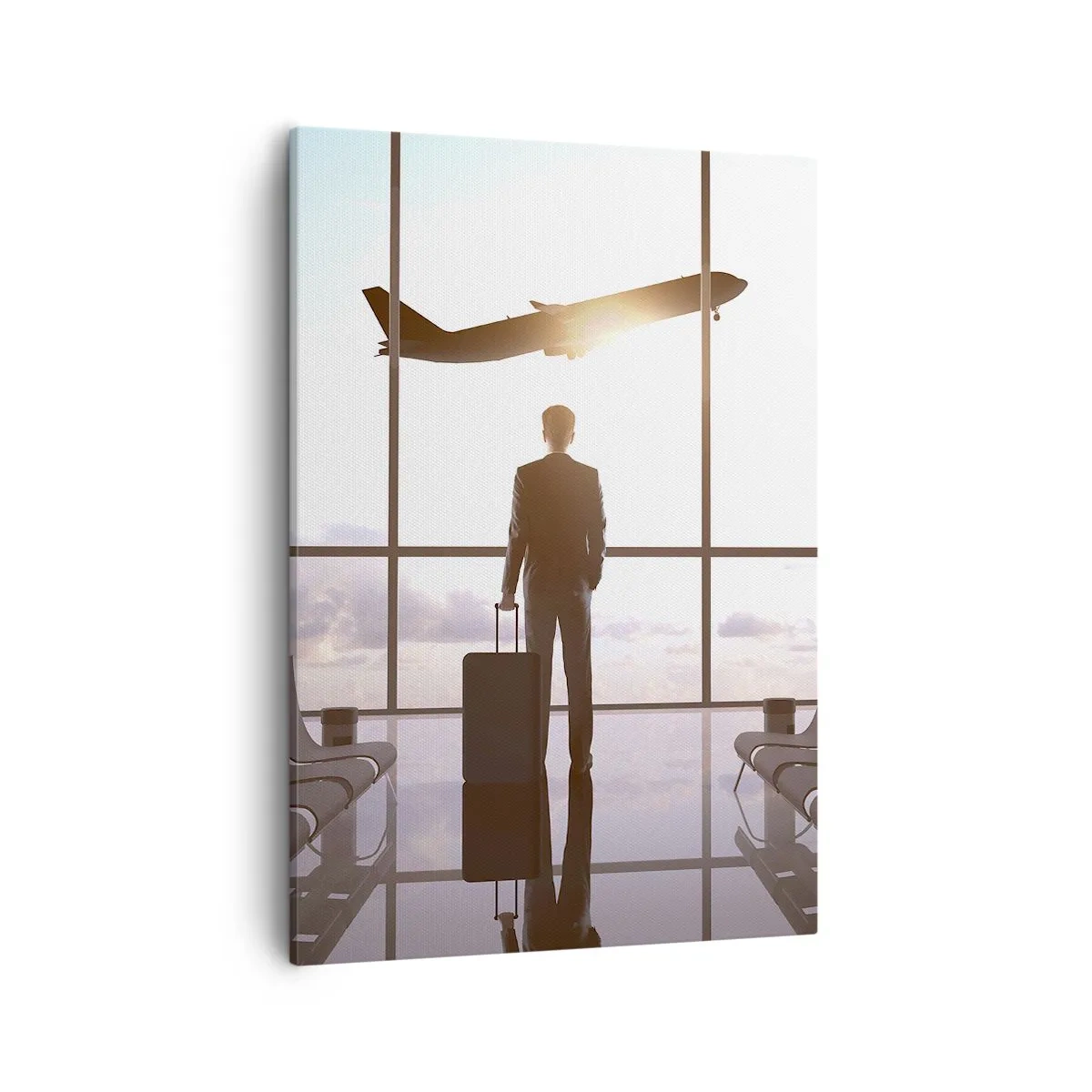 Bild auf Leinwand - Leinwandbild - Geschäftsmann am Flughafen mit einem Flugzeug im Hintergrund - 50x70cm - Du hast Zeit, lass dir Zeit - Moderne Wanddekoration für Wohnzimmer und Schlafzimmer ARTTOR