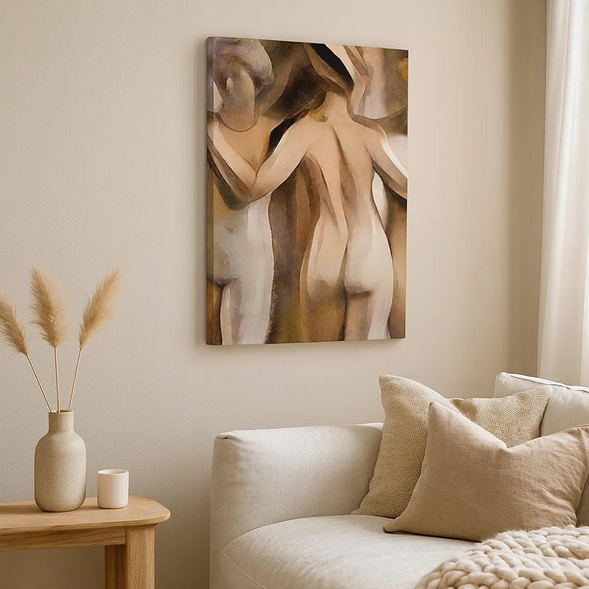 Bild auf Leinwand - Leinwandbild - Eine abstrakte Szene mit drei Figuren in warmen Farben. - 50x70cm - Drei Grazien 2.0 - Moderne Wanddekoration für Wohnzimmer und Schlafzimmer ARTTOR