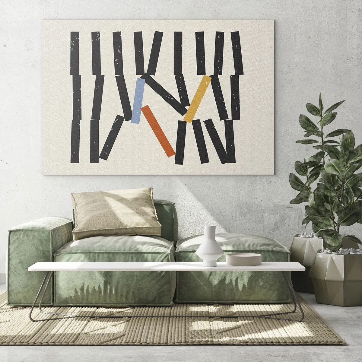 Glasbild - Bild auf glas - Eine grafische Komposition im Stil von Dominosteinen mit Farbakzenten. - 70x50cm - Domino – Komposition - Moderne Wanddekoration für Wohnzimmer und Schlafzimmer ARTTOR