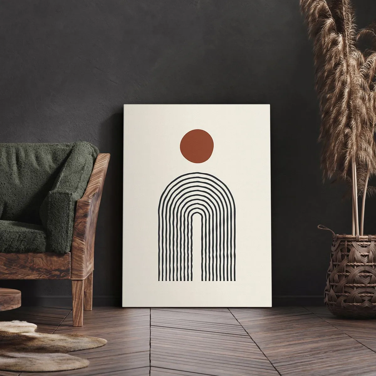 Bild auf Leinwand - Leinwandbild - Modernes abstraktes Muster mit Linien und einem roten Kreis - 50x70cm - Magnetismus von Formen und Farben - Moderne Wanddekoration für Wohnzimmer und Schlafzimmer ARTTOR
