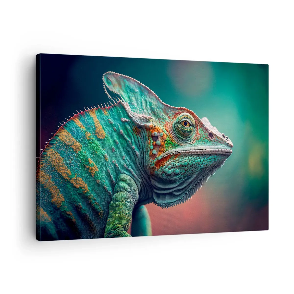 Bild auf Leinwand - Leinwandbild - Nahaufnahme eines Chamäleons in intensiven Farben - 70x50cm - Siehst du mich? Nicht gut… - Moderne Wanddekoration für Wohnzimmer und Schlafzimmer ARTTOR