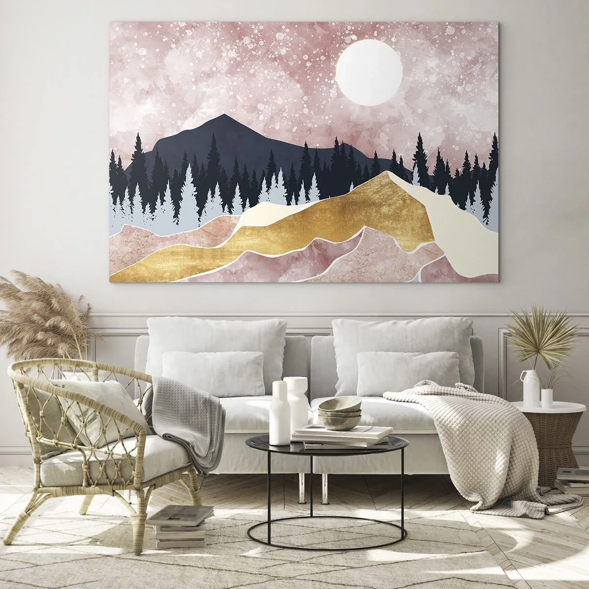 Glasbild - Bild auf glas - Berge und Wald im Mondlicht vor einem rosa Himmel - 100x70cm - Nachtwache - Moderne Wanddekoration für Wohnzimmer und Schlafzimmer ARTTOR