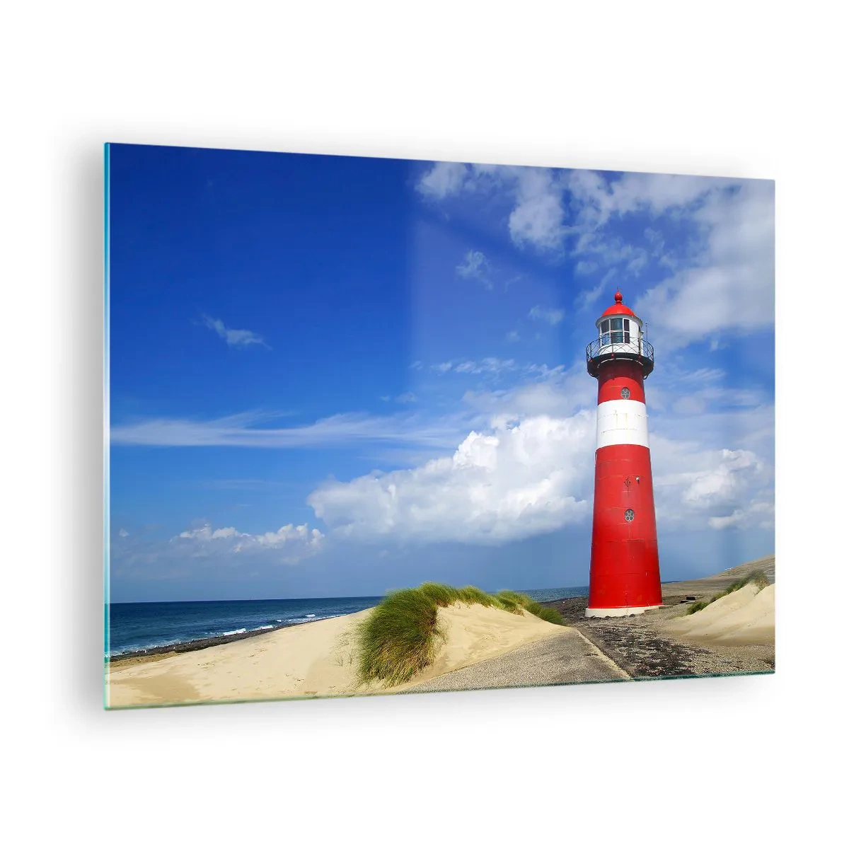 Glasbild - Bild auf glas - Ein roter Leuchtturm vor blauem Himmel - 70x50cm - Traum Einsamkeit - Moderne Wanddekoration für Wohnzimmer und Schlafzimmer ARTTOR