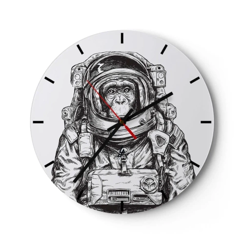 Wanduhr - Glasuhr - Eine Schwarz-Weiß-Skizze eines Affen-Astronauten. - 30x30cm - Alternative Evolution - Moderne Wanddekoration für Wohnzimmer, Küche und Schlafzimmer ARTTOR