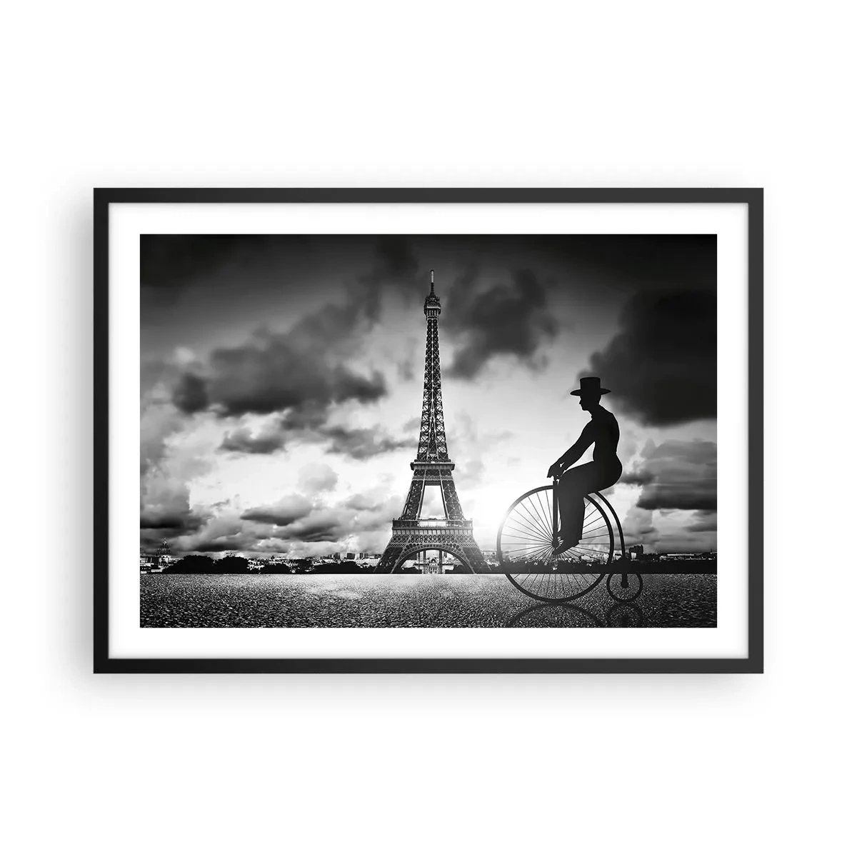 Poster in einem schwarzem Rahmen - Schwarz-Weiß-Bild eines Retro-Fahrrads mit dem Eiffelturm im Hintergrund - 70x50cm - Sehnsucht nach Belle Epoque - Moderne Wanddekoration für Wohnzimmer und Schlafzimmer ARTTOR