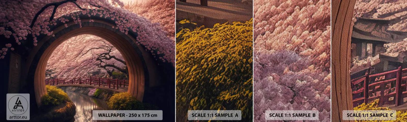 Fototapeten Muster Premium Sand - Japanischer Frühling - Brücke, Japan, Japanische Kirsche - 100x30 cm