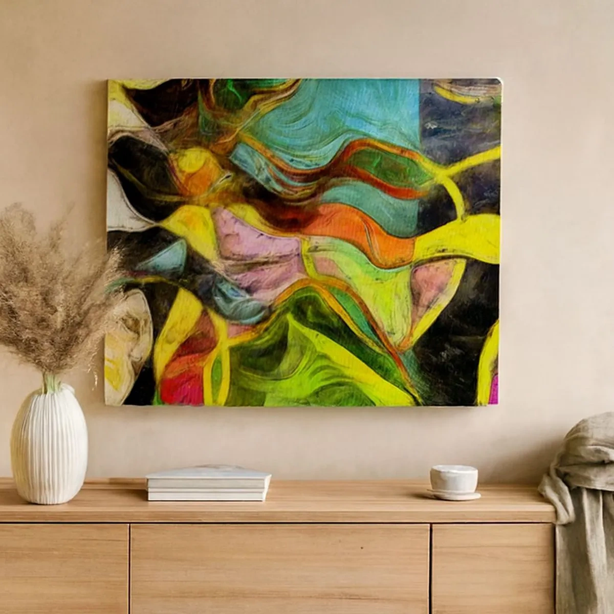 Bild auf Leinwand - Leinwandbild - Eine abstrakte Komposition mit bunten Punkten und dynamischen Linien. - 70x50cm - Bewegung ist Leben - Moderne Wanddekoration für Wohnzimmer und Schlafzimmer ARTTOR