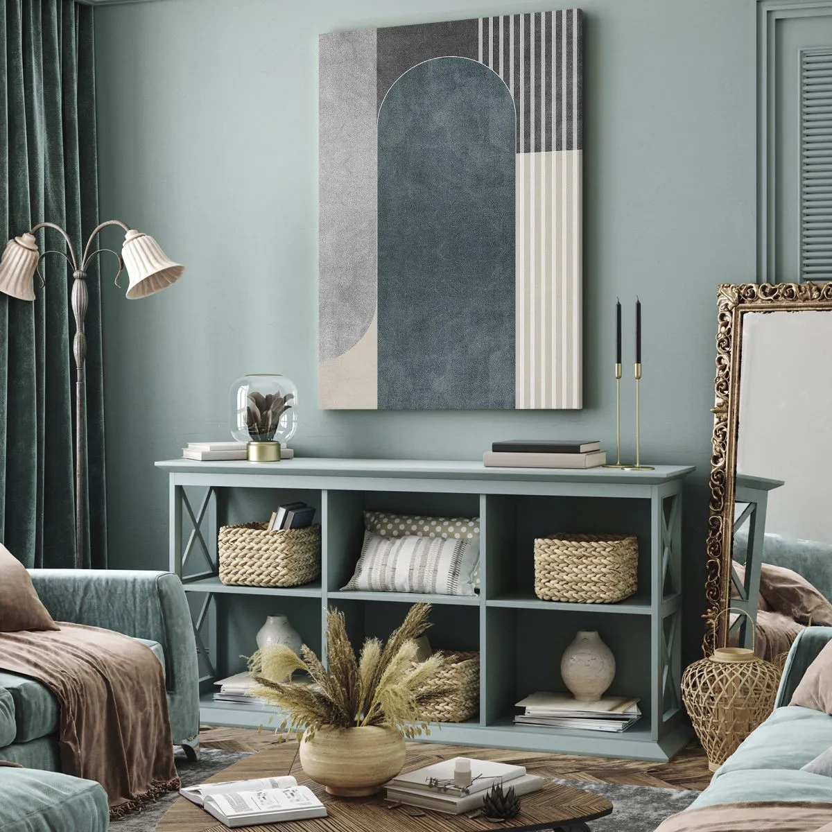 Bild auf Leinwand - Leinwandbild - Geometrische Abstraktion in Grau- und Grüntönen - 50x70cm - Komposition auf der Ebene - Moderne Wanddekoration für Wohnzimmer und Schlafzimmer ARTTOR
