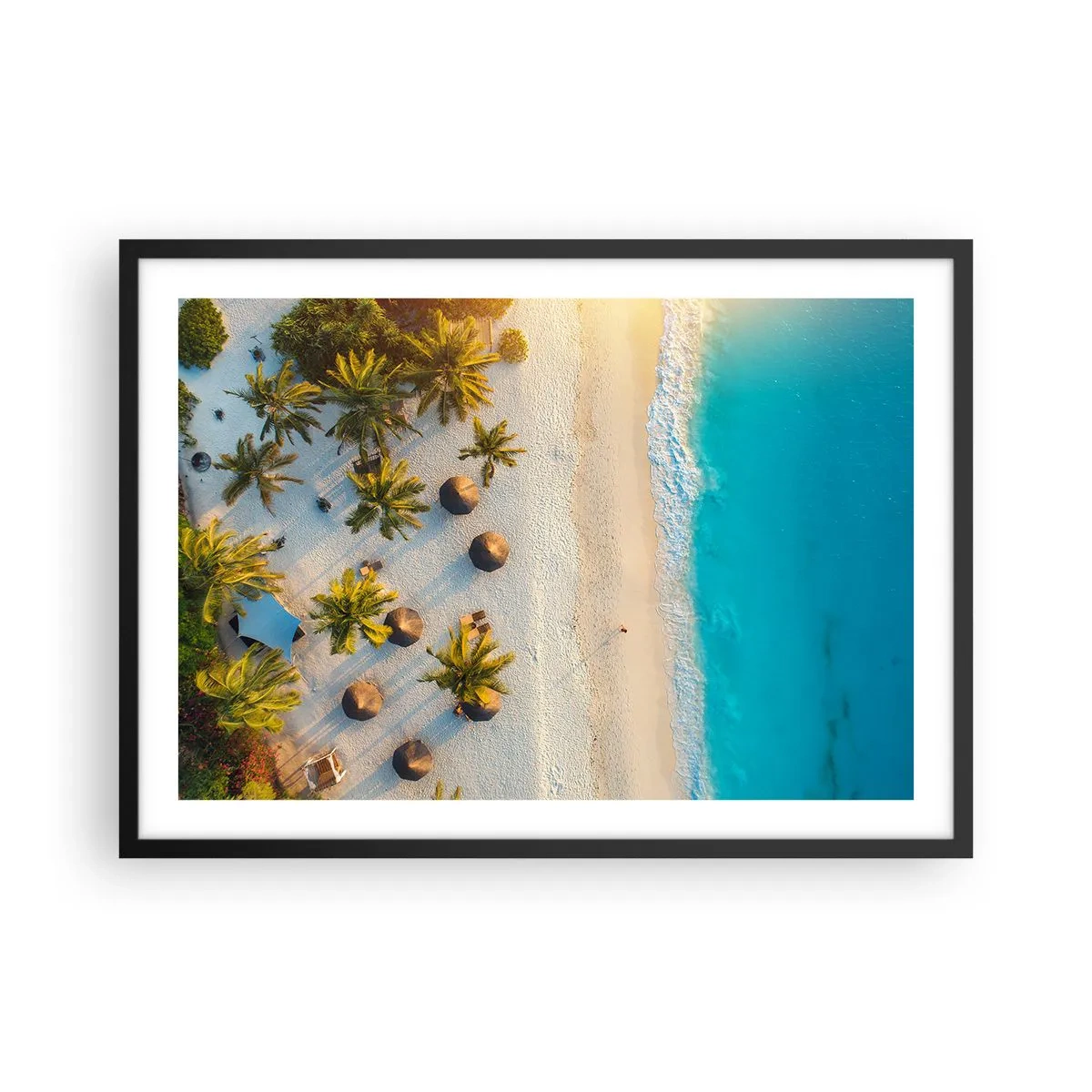 Poster in einem schwarzem Rahmen - Blick auf einen tropischen Strand mit Palmen und türkisfarbenem Meer - 70x50cm - Willkommen im Paradies - Moderne Wanddekoration für Wohnzimmer und Schlafzimmer ARTTOR