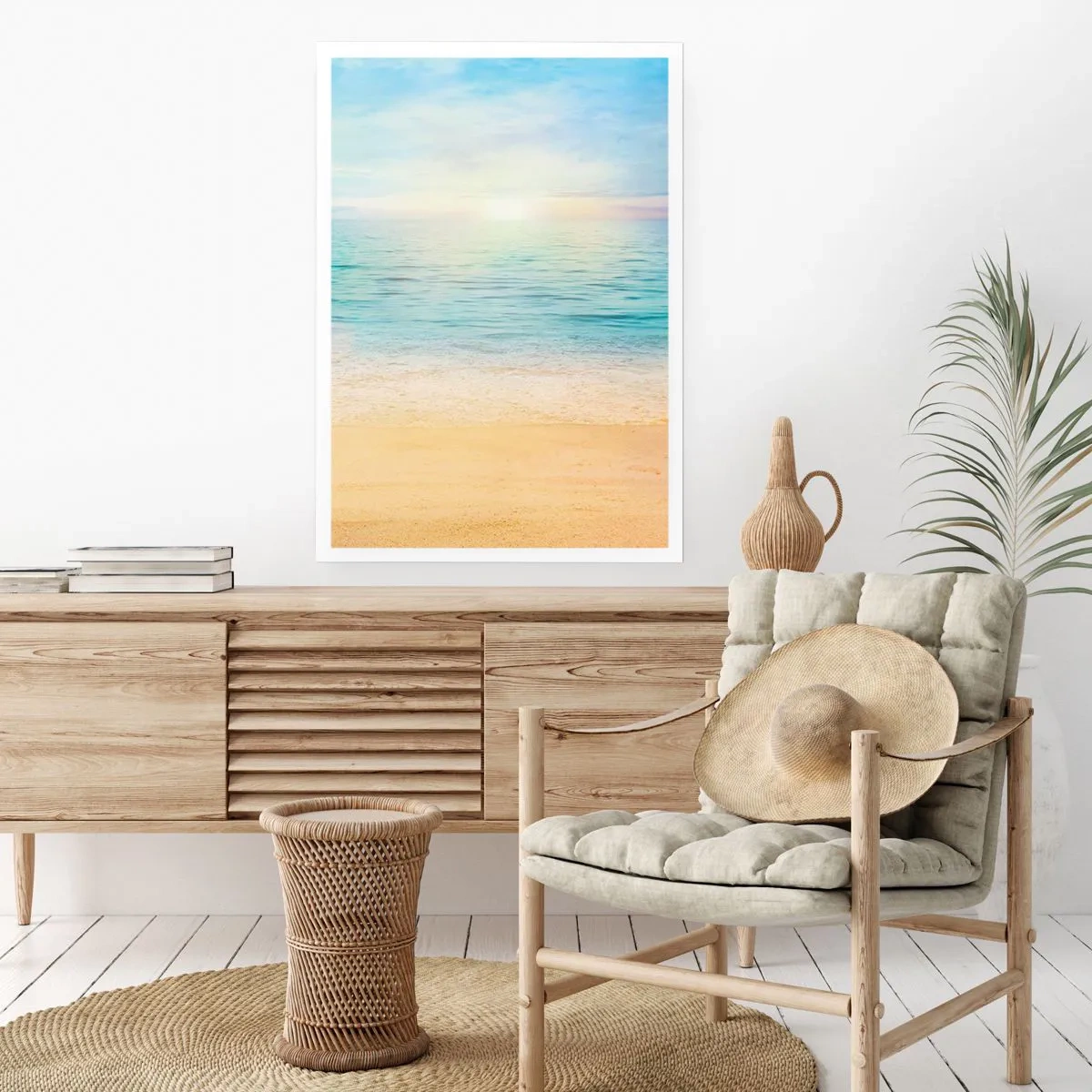 Poster - Friedlicher Blick auf den Strand und das Meer bei Sonnenaufgang - 50x70cm - Großes Blau - Moderne Wanddekoration für Wohnzimmer und Schlafzimmer ARTTOR