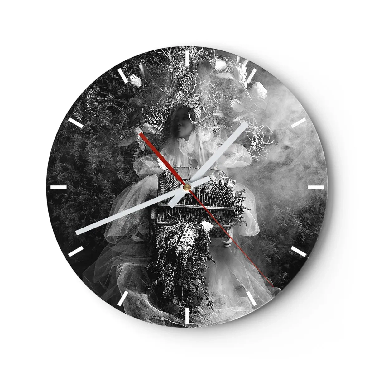 Wanduhr - Glasuhr - Künstlerische Figur mit Käfig und floraler Komposition im Rauch - 30x30cm - Mutter selbst - Natur - Moderne Wanddekoration für Wohnzimmer, Küche und Schlafzimmer ARTTOR