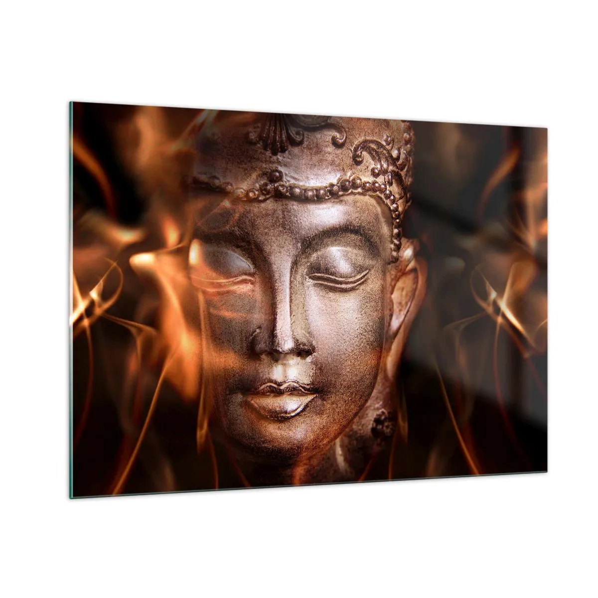 Glasbild - Bild auf glas - Das verschwommene Gesicht des Buddha in warmen Gold- und Brauntönen - 100x70cm - Es existiert nur hier und jetzt - Moderne Wanddekoration für Wohnzimmer und Schlafzimmer ARTTOR