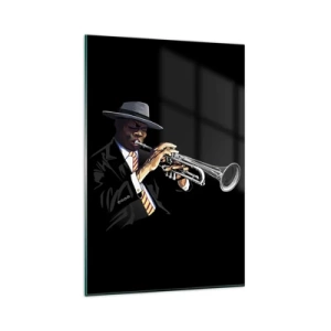 Glasbild - Bild auf glas - Ein Musiker spielt Trompete vor schwarzem Hintergrund - 80x120cm - Charme der alten Schule - Moderne Wanddekoration für Wohnzimmer und Schlafzimmer ARTTOR