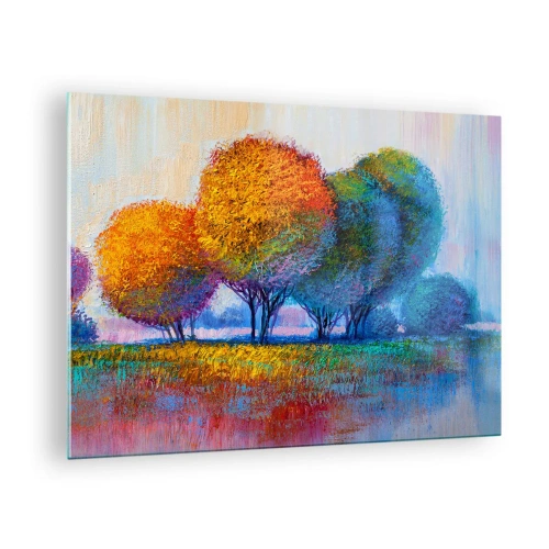 Glasbild - Bild auf glas - Bunte Bäume in Herbstfarben vor blauem Himmel - 70x50cm - Ein Haufen leuchtender Farben - Moderne Wanddekoration für Wohnzimmer und Schlafzimmer ARTTOR