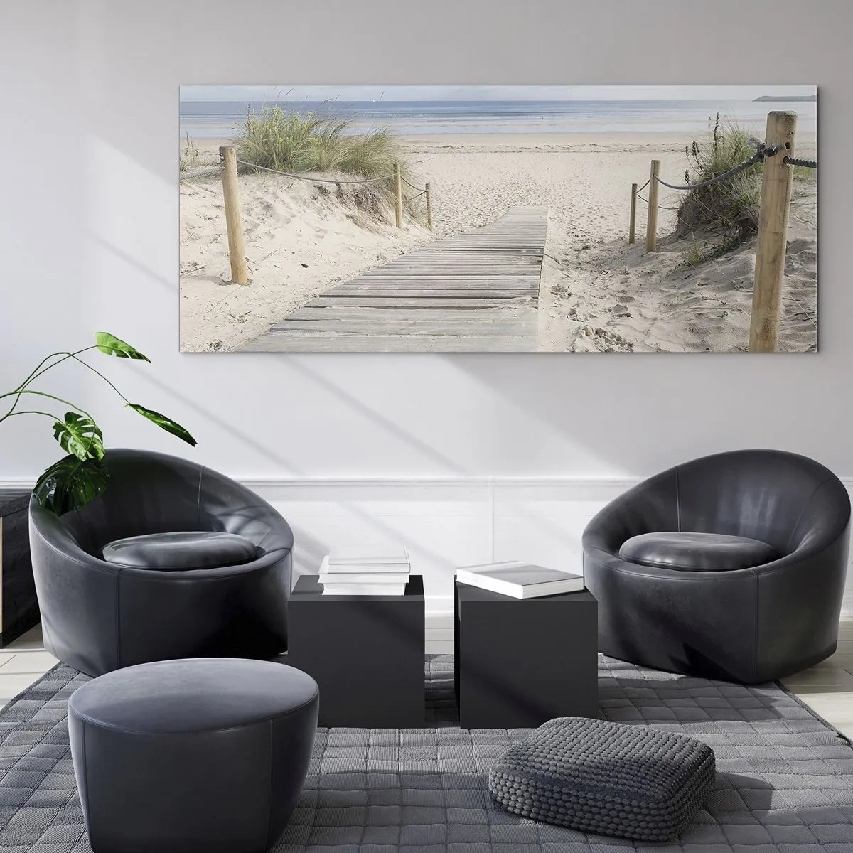 Glasbild - Bild auf glas - Ein Plankenweg, der zu einem Sandstrand führt - 140x50cm - Bis zum Horizont - Moderne Wanddekoration für Wohnzimmer und Schlafzimmer ARTTOR