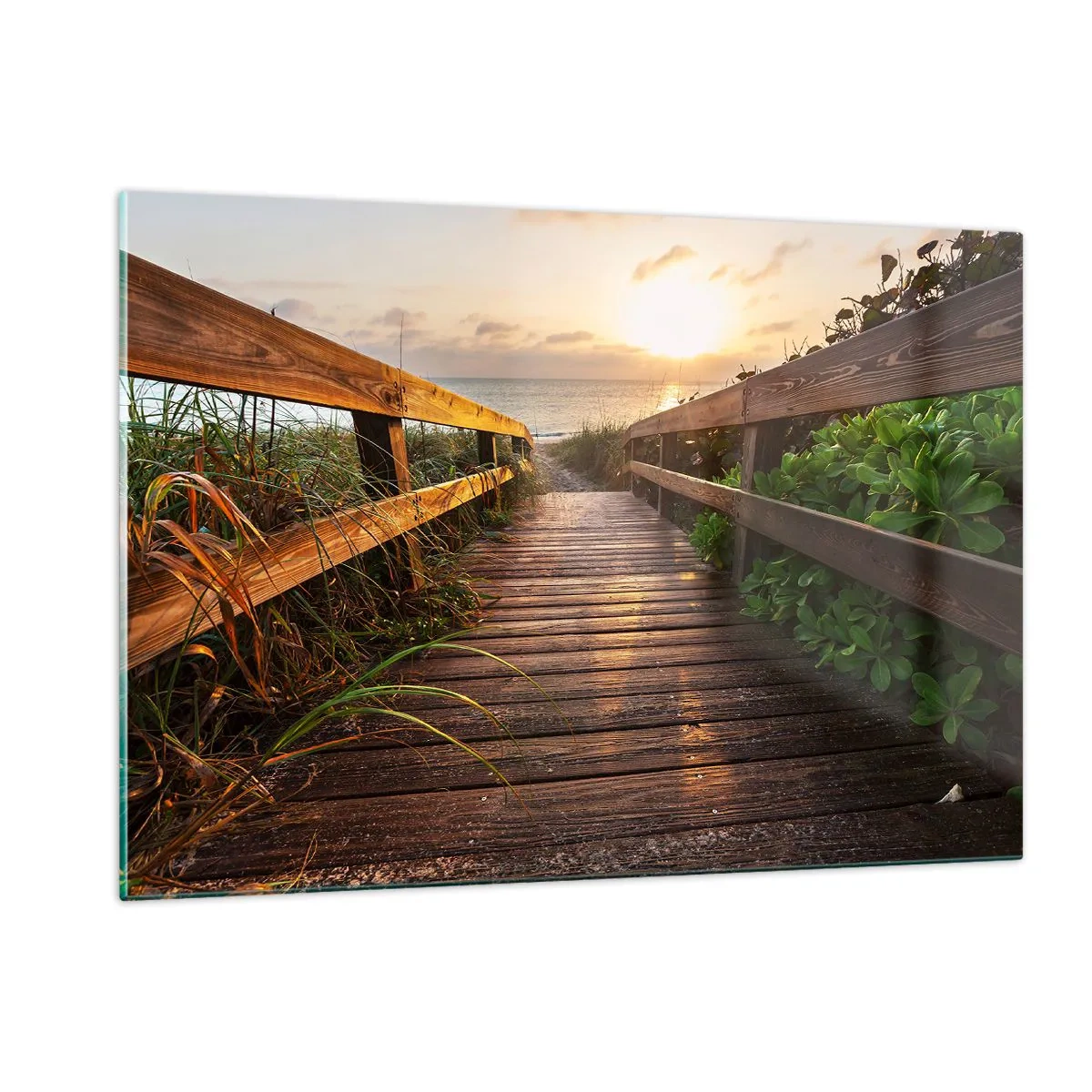 Glasbild - Bild auf glas - Holzsteg zum Strand bei Sonnenuntergang - 120x80cm - Und direkt ans Ufer - Moderne Wanddekoration für Wohnzimmer und Schlafzimmer ARTTOR