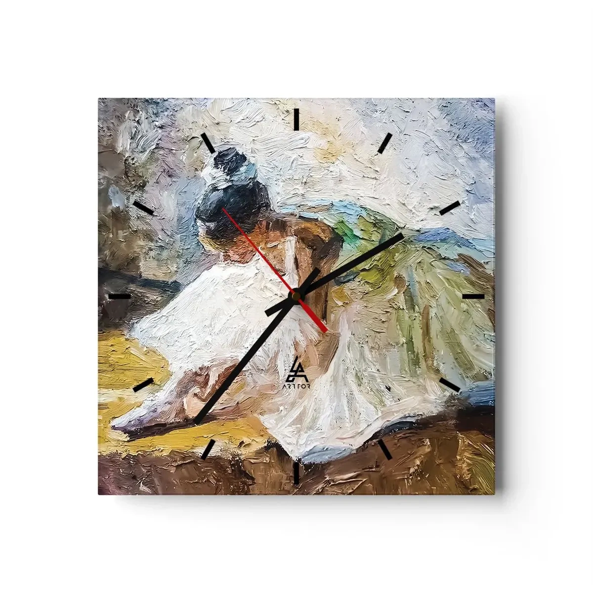 Wanduhr - Glasuhr - Eine Ballerina in einem weißen Kleid im malerischen Stil vor einem impressionistischen Hintergrund. - 30x30cm - Aus einem Gemälde von Degas - Moderne Wanddekoration für Wohnzimmer und Schlafzimmer ARTTOR