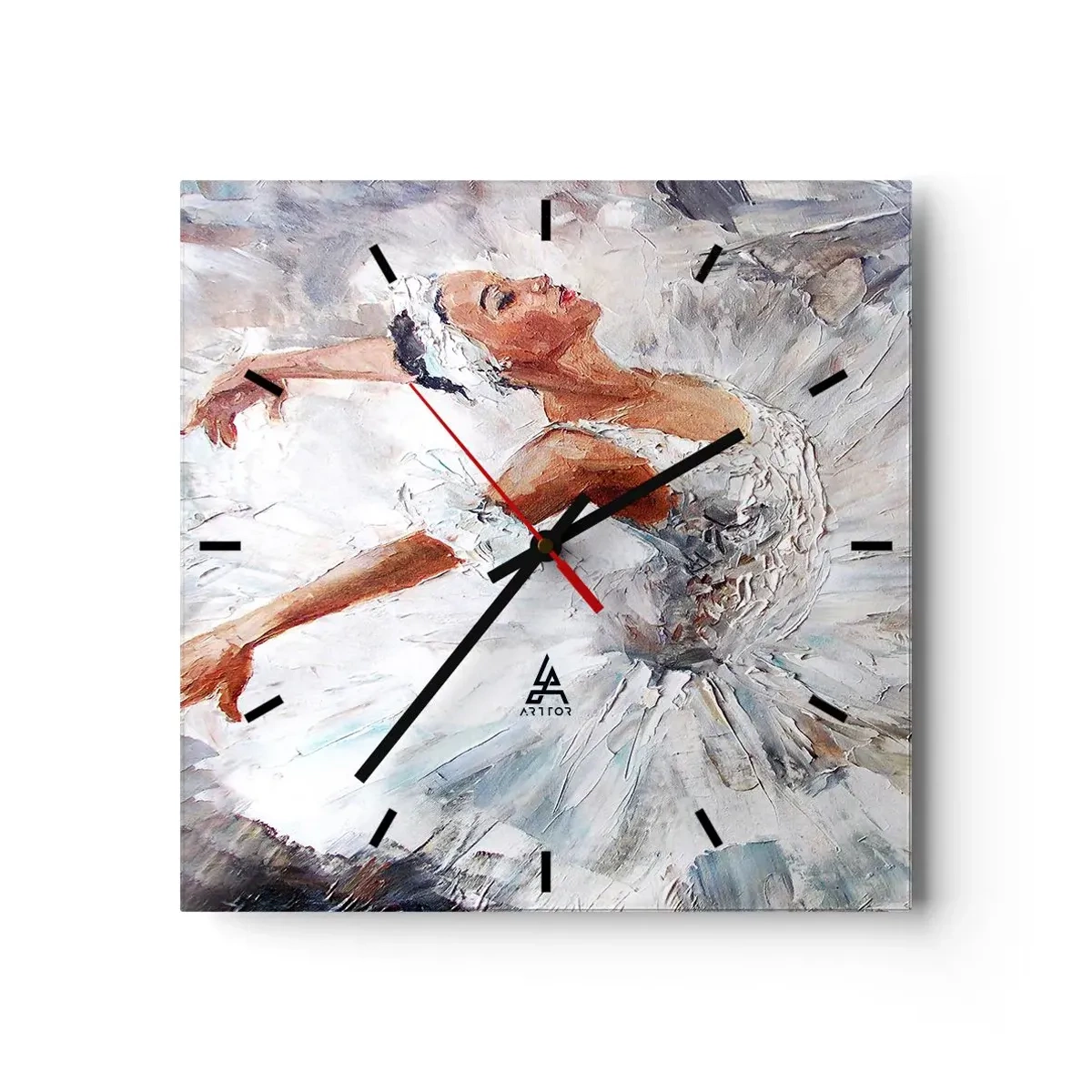 Wanduhr - Glasuhr - Eine Ballerina in einem weißen Kleid tanzt - 30x30cm - Zart und leicht wie Tüll - Moderne Wanddekoration für Wohnzimmer und Schlafzimmer ARTTOR