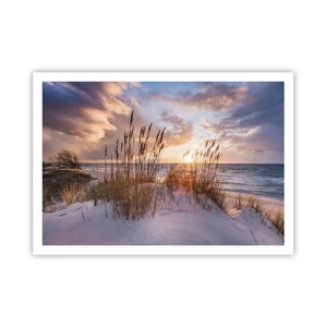 Poster - Dünen mit Gräsern vor dem Hintergrund der untergehenden Sonne - 100x70cm - Abschied von Sonne und Wind - Moderne Wanddekoration für Wohnzimmer und Schlafzimmer ARTTOR