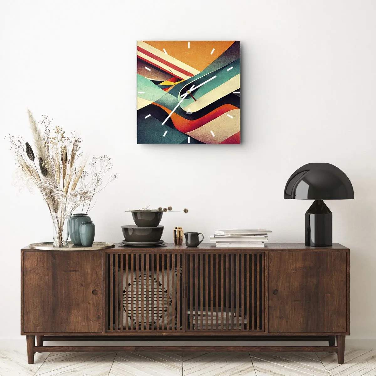 Wanduhr - Glasuhr - Bunte abstrakte Wellen in einer dynamischen Komposition - 30x30cm - Intensive Komposition - Moderne Wanddekoration für Wohnzimmer und Schlafzimmer ARTTOR