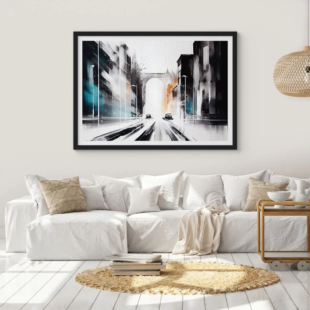 Poster in einem schwarzem Rahmen - Abstraktes Stadtpanorama mit einer Bogenbrücke - 70x50cm - Stadtstudie: Architektur und Bewegung - Moderne Wanddekoration für Wohnzimmer und Schlafzimmer ARTTOR