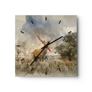 Wanduhr - Glasuhr - Ein Hirsch in einer natürlichen Umgebung im Aquarellstil - 30x30cm - Würde – Stärke – Würde - Moderne Wanddekoration für Wohnzimmer und Schlafzimmer ARTTOR