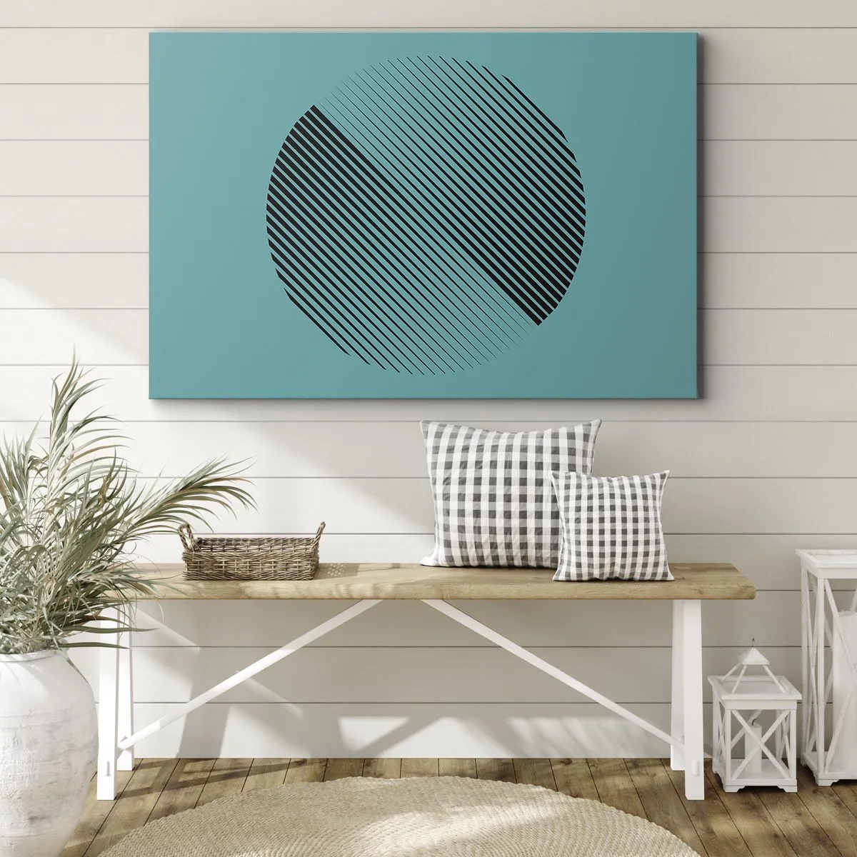 Bild auf Leinwand - Leinwandbild - Ein minimalistischer Kreis mit Linien auf türkisfarbenem Hintergrund. - 70x50cm - Kreis – eine geometrische Variante - Moderne Wanddekoration für Wohnzimmer und Schlafzimmer ARTTOR