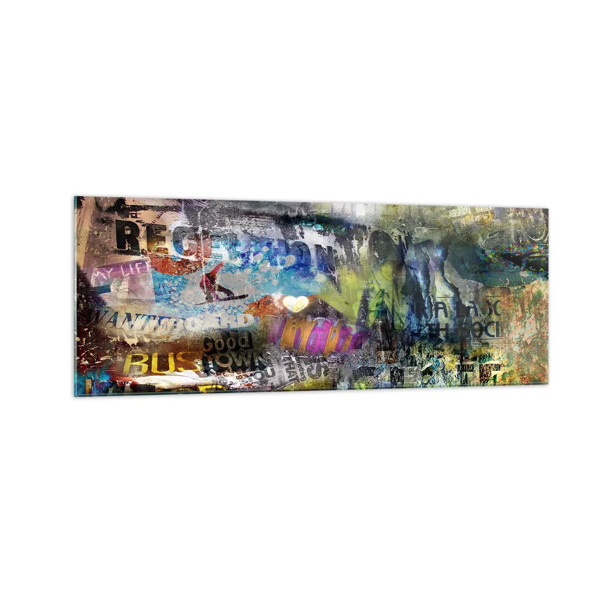 Glasbild - Bild auf glas - Abstrakte Collage mit Text und verschiedenen Farben - 140x50cm - Collage aus Erinnerungen - Moderne Wanddekoration für Wohnzimmer und Schlafzimmer ARTTOR