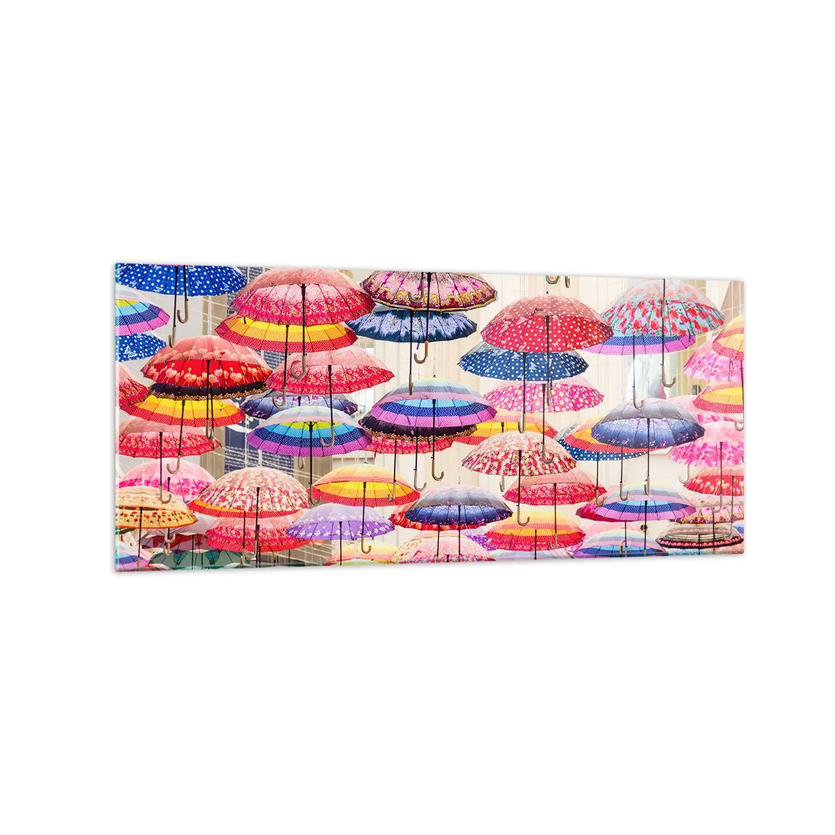Glasbild - Bild auf glas - Bunte Regenschirme schweben in der Luft - 120x50cm - Stadtwiese - Moderne Wanddekoration für Wohnzimmer und Schlafzimmer ARTTOR