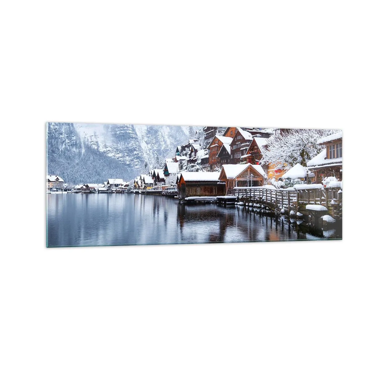 Glasbild - Bild auf glas - Winteransicht eines Bergdorfes am See - 140x50cm - In winterlicher Dekoration - Moderne Wanddekoration für Wohnzimmer und Schlafzimmer ARTTOR