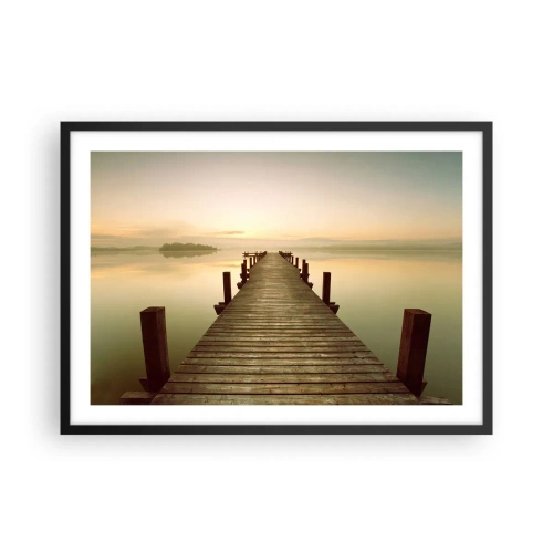 Poster in einem schwarzem Rahmen - Ein Holzsteg an einem ruhigen See am Morgen - 70x50cm - Tagesanbruch, Morgendämmerung, Licht - Moderne Wanddekoration für Wohnzimmer und Schlafzimmer ARTTOR