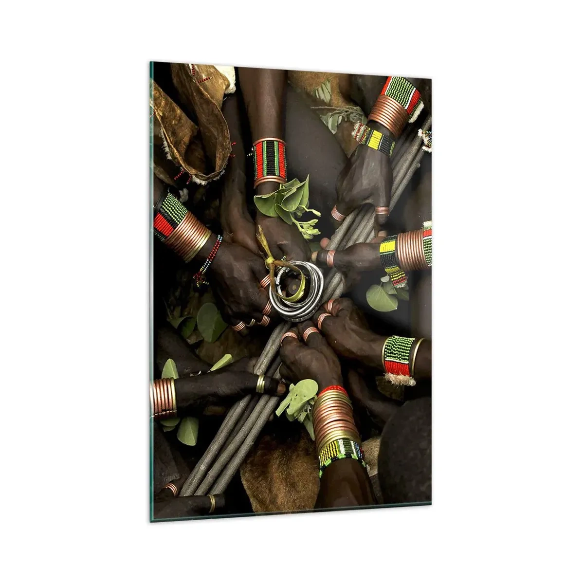 Glasbild - Bild auf glas - Traditionelle Handarmbänder in einer Gruppe von Händen - 80x120cm - Wir sind zusammen - Moderne Wanddekoration für Wohnzimmer und Schlafzimmer ARTTOR