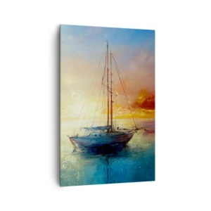 Bild auf Leinwand - Leinwandbild - Eine Yacht auf ruhigem Meer bei Sonnenuntergang - 80x120cm - In einer goldenen Bucht - Moderne Wanddekoration für Wohnzimmer und Schlafzimmer ARTTOR