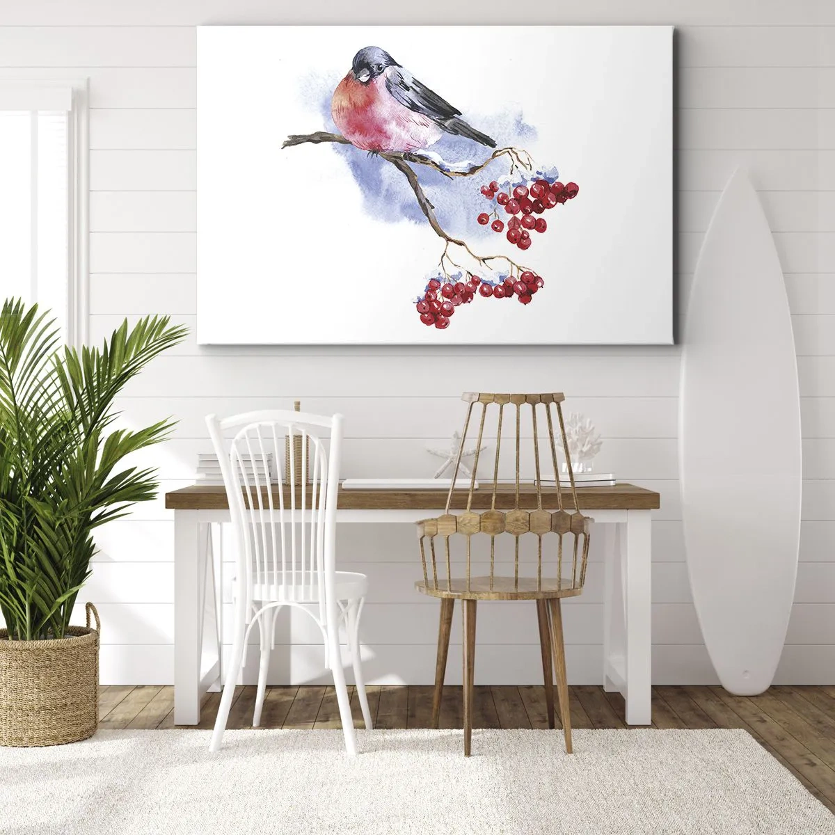 Bild auf Leinwand - Leinwandbild - Vogel auf einem Zweig mit roten Früchten im Aquarellhintergrund - 120x80cm - Winter in Farbe - Moderne Wanddekoration für Wohnzimmer und Schlafzimmer ARTTOR