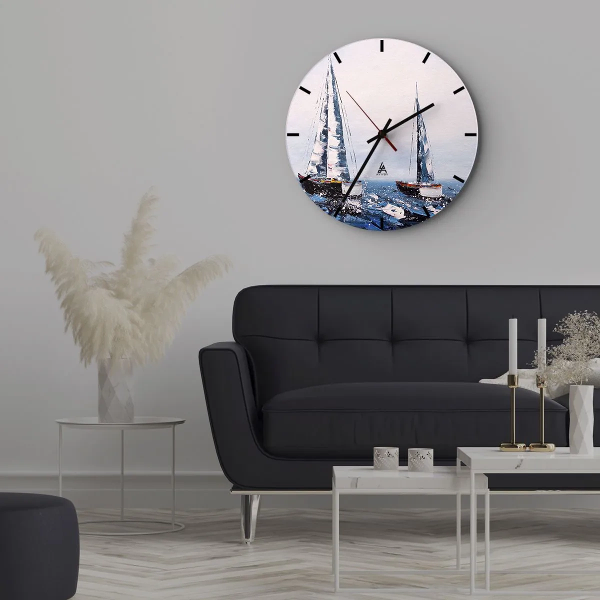 Wanduhr - Glasuhr - Zwei Segelboote auf stürmischer See im malerischen Stil - 30x30cm - Bruderschaft des Windes - Moderne Wanddekoration für Wohnzimmer, Küche und Schlafzimmer ARTTOR