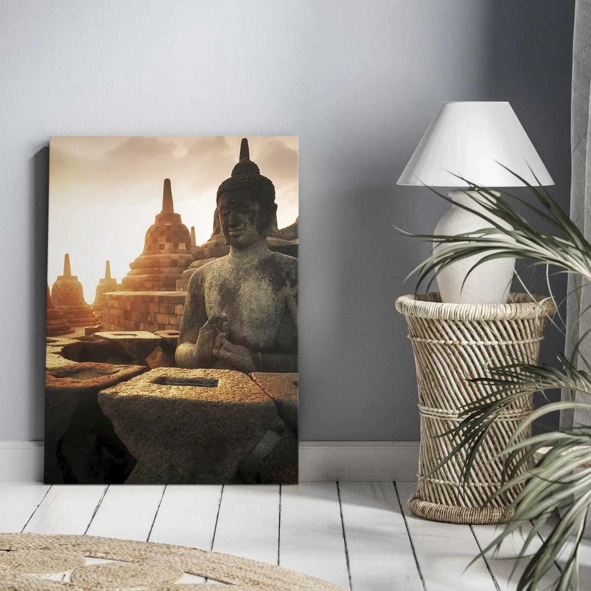 Bild auf Leinwand - Leinwandbild - Buddha-Statue im Borobudur-Tempel bei Sonnenuntergang - 80x120cm - Wetter der großen Weisheit - Moderne Wanddekoration für Wohnzimmer und Schlafzimmer ARTTOR