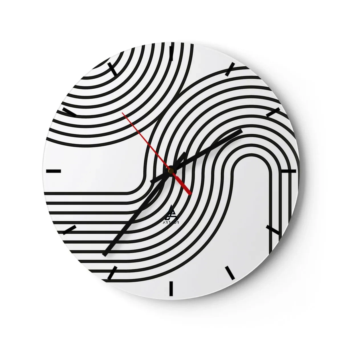 Wanduhr - Glasuhr - Schwarze Linien bilden ein komplexes Muster aus gekrümmten Gleisen - 30x30cm - An der Kurve - Moderne Wanddekoration für Wohnzimmer, Küche und Schlafzimmer ARTTOR