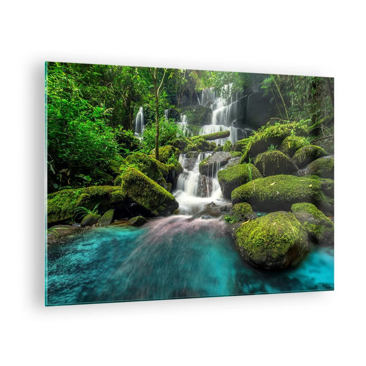 Glasbild - Bild auf glas - Ein exotischer Wasserfall, umgeben von üppigem Grün und türkisfarbenem Wasser - 70x50cm - Türkis, Saphire und flüssiges Silber - Moderne Wanddekoration für Wohnzimmer und Schlafzimmer ARTTOR