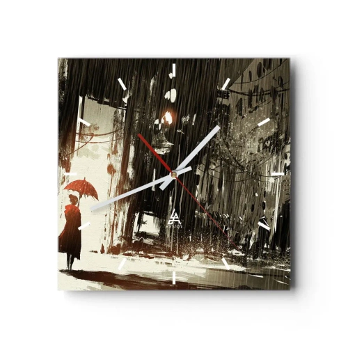 Wanduhr - Glasuhr - Eine rote Figur mit einem Regenschirm in einer regnerischen Szene - 30x30cm - Die Poesie des roten Regenschirms - Moderne Wanddekoration für Wohnzimmer und Schlafzimmer ARTTOR