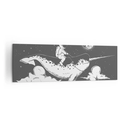 Bild auf Leinwand - Leinwandbild - Ein Astronaut auf dem Rücken eines Narwals, der in einer Weltraumszene schwimmt. - 160x50cm - Weltraumreiter - Moderne Wanddekoration für Wohnzimmer und Schlafzimmer ARTTOR