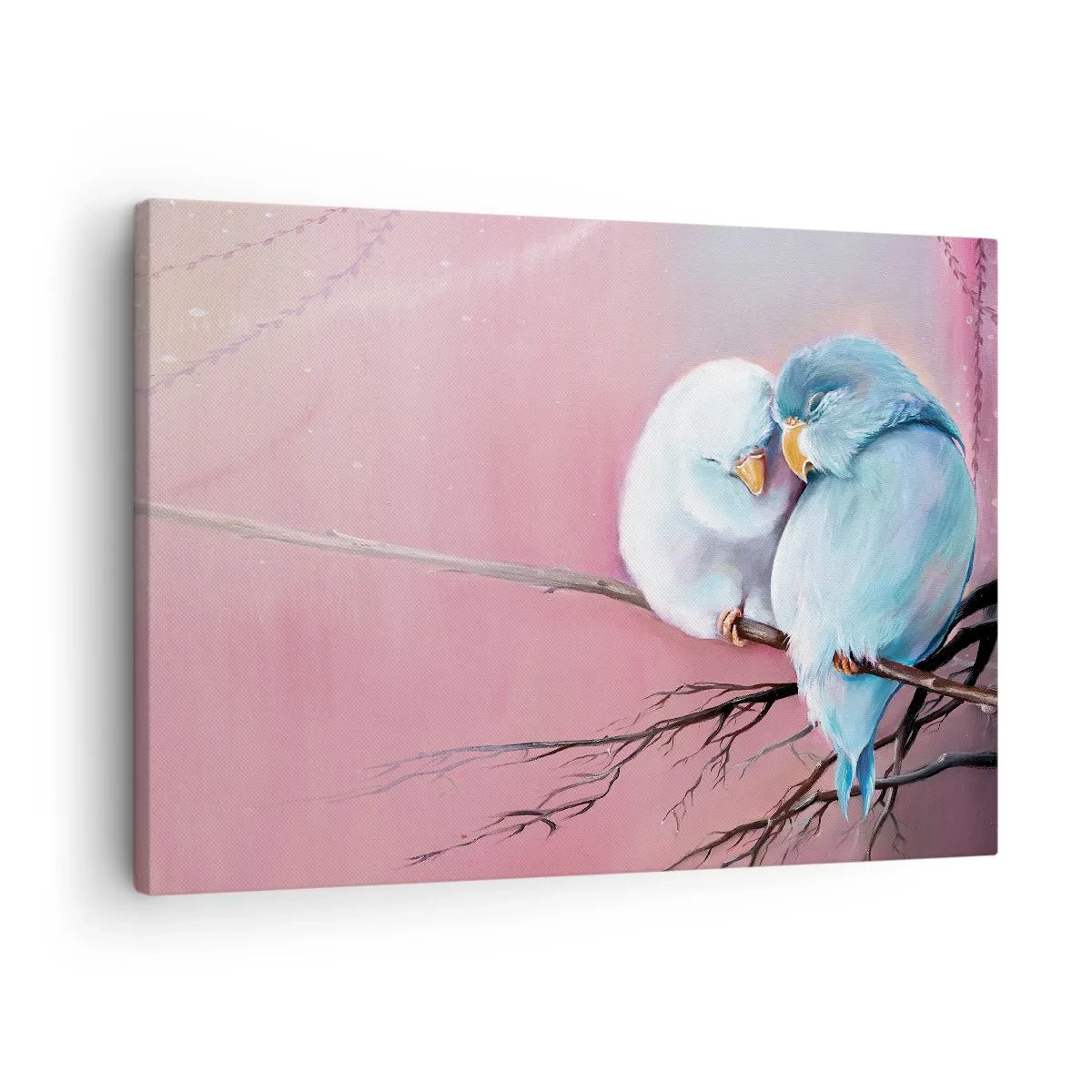 Bild auf Leinwand - Leinwandbild - Zwei verliebte Vögel auf einem Ast auf rosa Hintergrund - 70x50cm - Was kann ich hier hinzufügen? ... - Moderne Wanddekoration für Wohnzimmer und Schlafzimmer ARTTOR