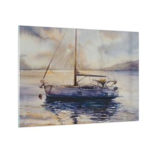 Glasbild - Bild auf glas - Eine Yacht, die in der Abenddämmerung in einer ruhigen Bucht vor Anker liegt - 70x50cm - Abend in der Bucht - Moderne Wanddekoration für Wohnzimmer und Schlafzimmer ARTTOR