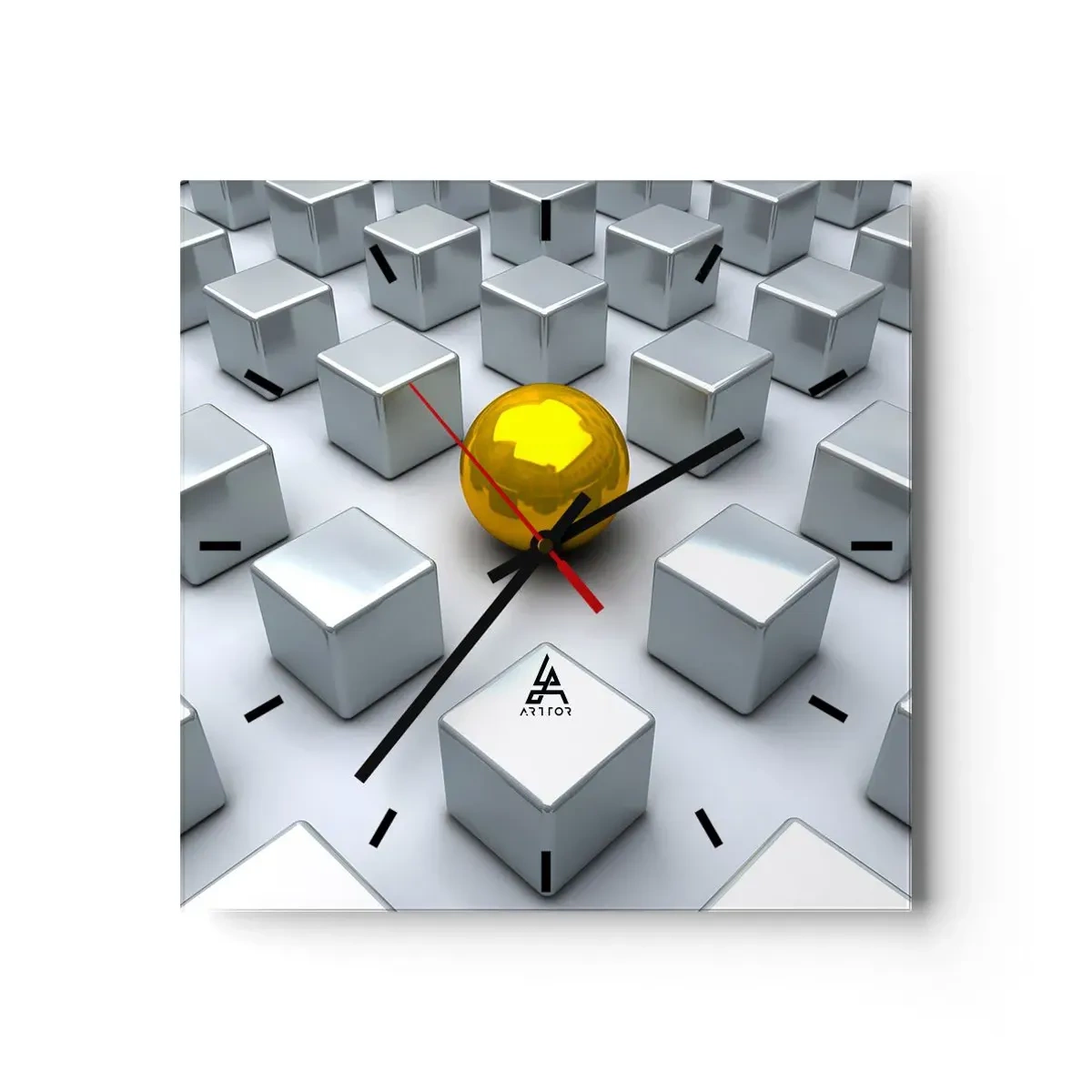 Wanduhr - Glasuhr - Eine goldene Kugel, die zwischen den silbernen Würfeln hervorsticht - 30x30cm - Warum ich? Geometrische Zusammensetzung - Moderne Wanddekoration für Wohnzimmer und Schlafzimmer ARTTOR