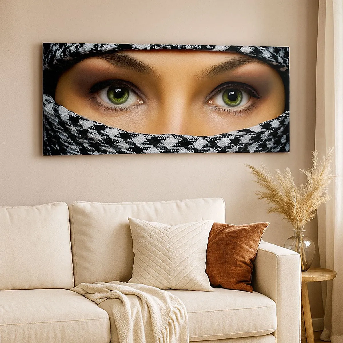 Bild auf Leinwand - Leinwandbild - Ein Porträt einer verschleierten grünäugigen Schönheit - 100x40 cm