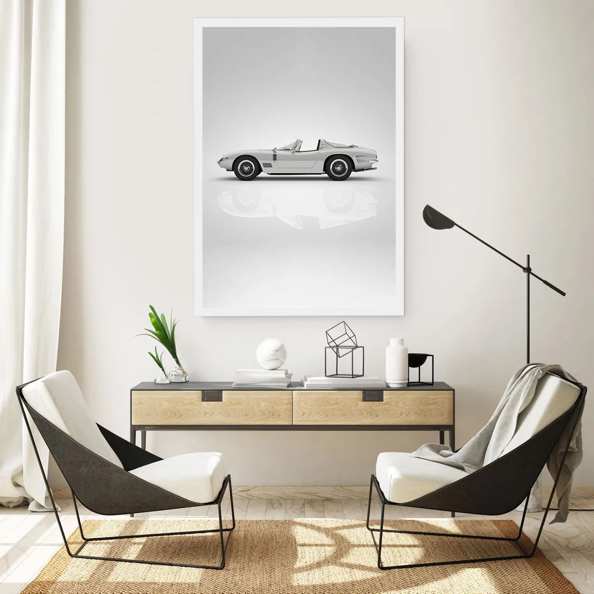 Poster - Klassisches weißes Cabrio auf neutralem Hintergrund - 50x70cm - Spaß versprochen - Moderne Wanddekoration für Wohnzimmer und Schlafzimmer ARTTOR