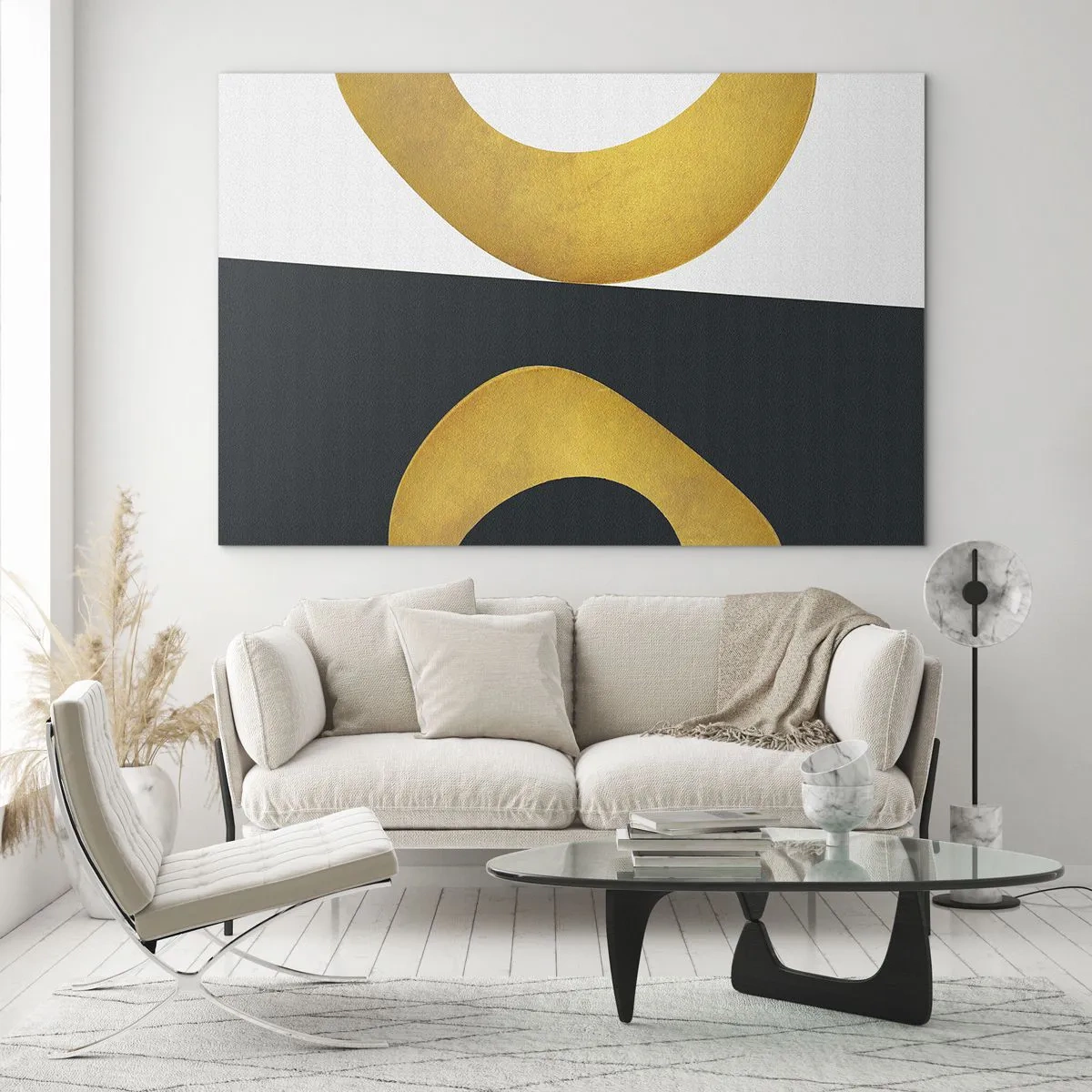 Glasbild - Bild auf glas - Goldene geometrische Formen auf weißem und schwarzem Hintergrund - 70x50cm - Erstens: Gold - Moderne Wanddekoration für Wohnzimmer und Schlafzimmer ARTTOR